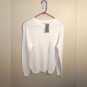 NWT Kim Roger's White Cable Knit Crew Sweater